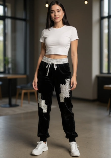 black and silver sweatpants with metallic