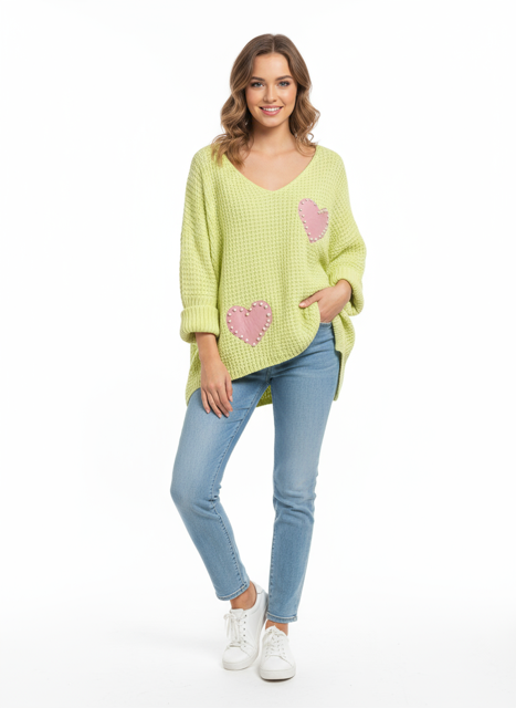 yellow sweater with pearl hearts