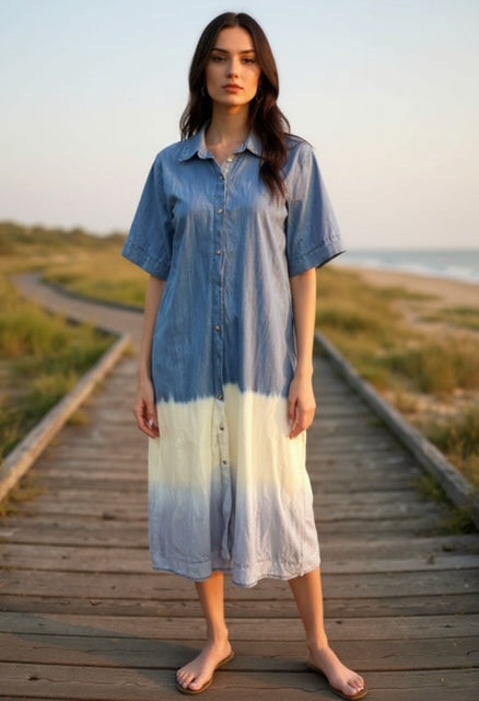 multi blue dress with collar
