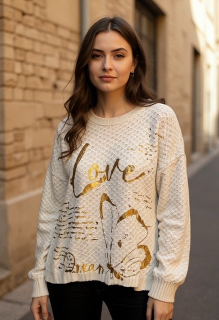 beige love sweater with gold metallic print