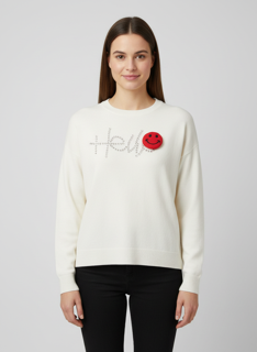 white hello knit sweater