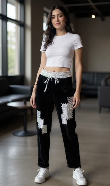 black and silver sweatpants with metallic