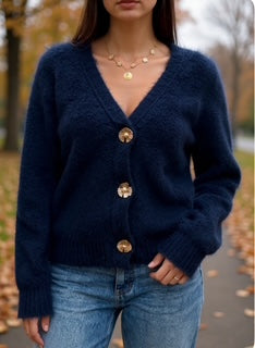 navy blue knit cardigan