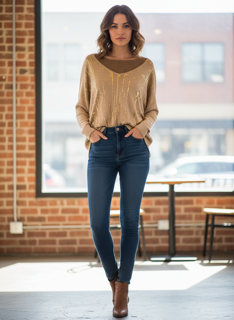 metallic camel knit top