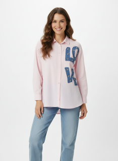 pink denim shirt with pearls