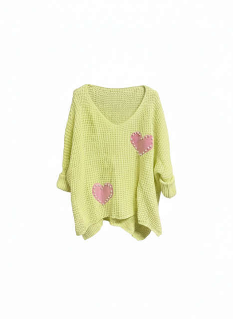 yellow sweater with pearl hearts