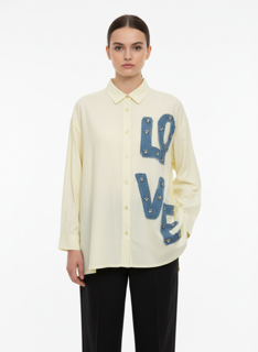 yellow denim shirt with pearls