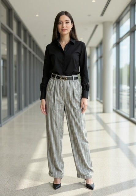 grey stripe wide leg pants
