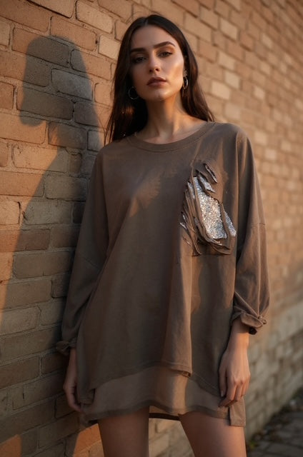 ripped brown tunic blouse