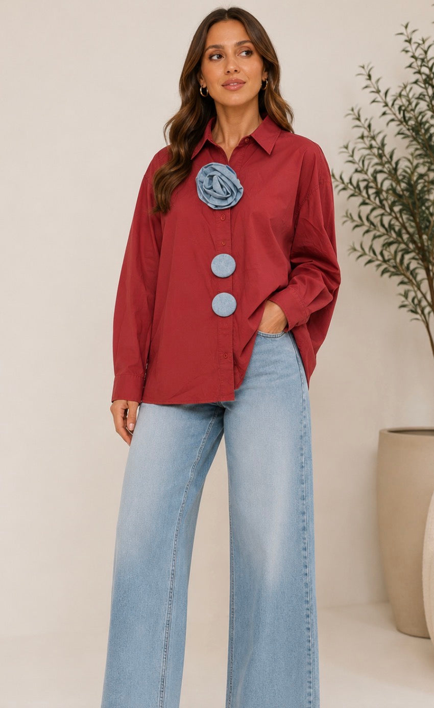 Rose Bloom Oversized Cotton Shirt