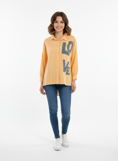 orange denim shirt with pearls