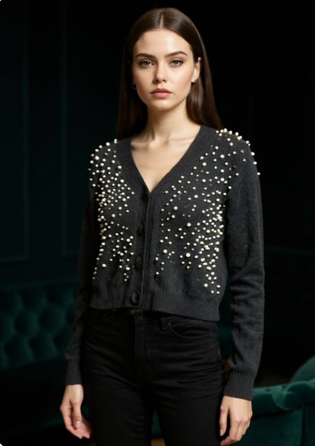 black cardigan with pearls