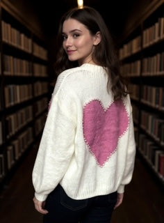 heart knit sweater with pearls