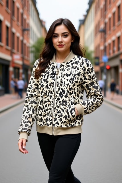 animal print bomber jacket with metallic details