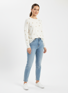 white sweater with gold metallic stars