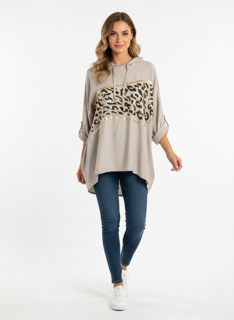 taupe animal print top with hood