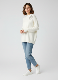white knit sweater with flower
