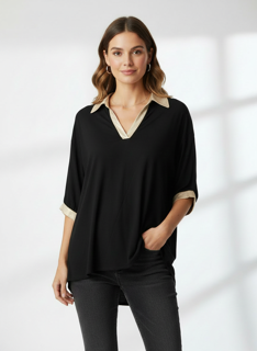 black blouse with gold metallic trim