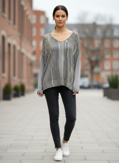 grey top with gold metallic design