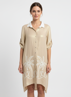 metallic gold dress with palm dress and white-collar