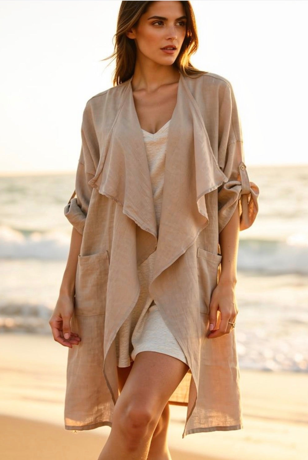 beige linen duster