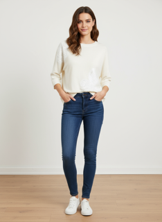 white sweater with sequence design