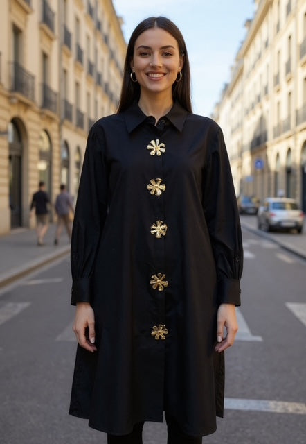 black ankle length tunic with gold buttons