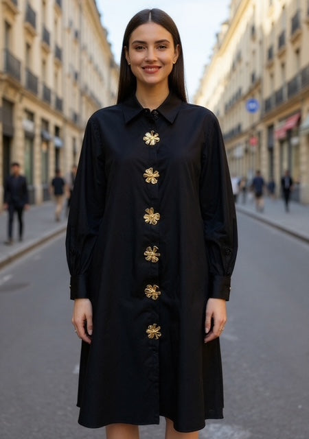 black ankle length tunic with gold buttons