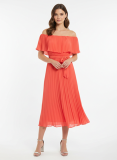 off shoulder orange dress with belt
