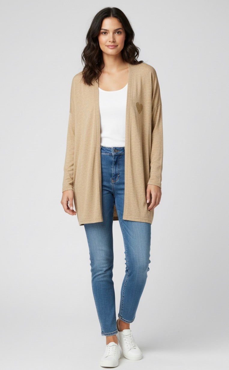 shiny gold cardigan with heart embellishment