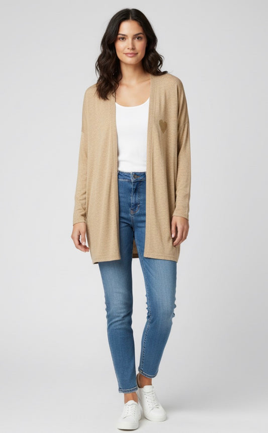 shiny gold cardigan with heart embellishment