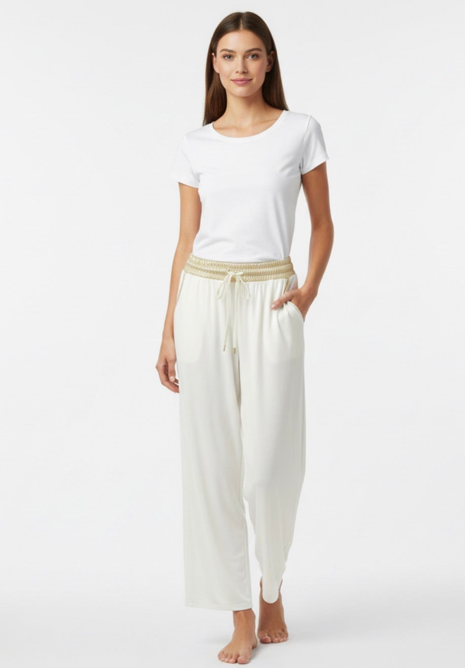 white pants with gold trim