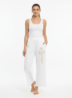 white wide leg pants with floral lace