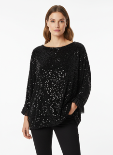 Shine with confidence in this stunning deep black sequin top with ruffle cuff.