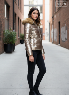 Metallic gold winter jacket with fur collar size Small