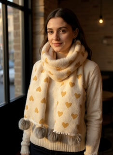 heart print real fur pom pom scarf