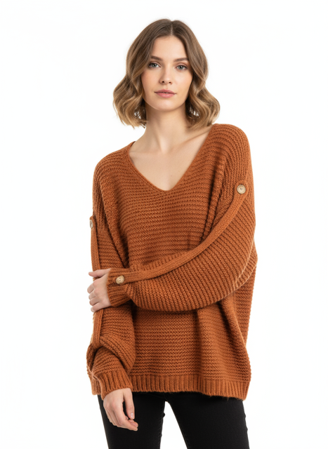 terracotta knit sweater with button on sleeve