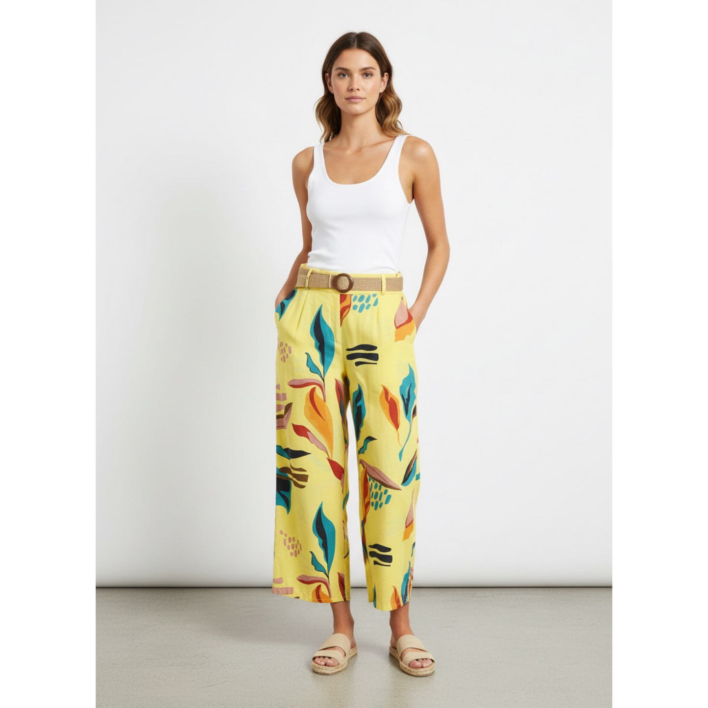 Yellow Printed Linen Pants with Belt