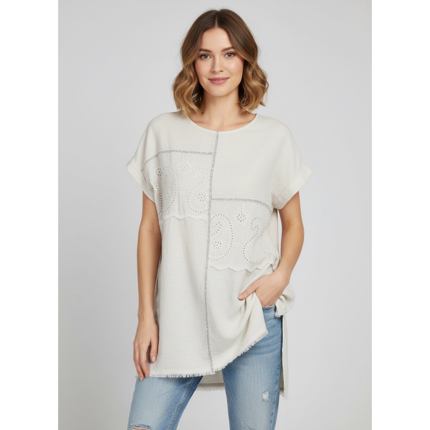 Beige Linen Dress with Eyelet and sequin detail