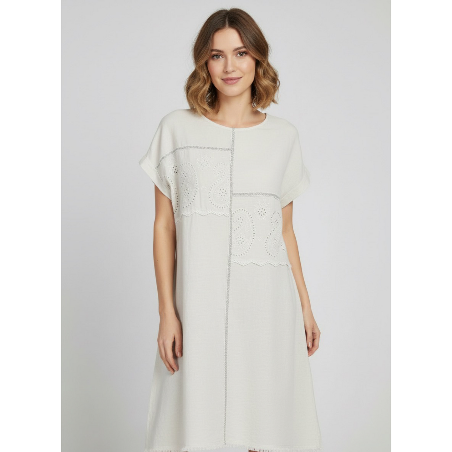 Beige Linen Dress with Eyelet and sequin detail