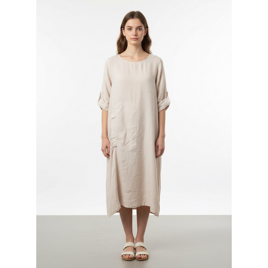 Beige Linen Dress with Ruffle