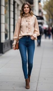 ruffle blouse with gold buttons